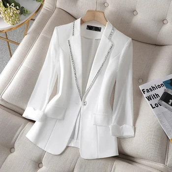 2022 Размер 4XL Женский блейзер Пайетки Femme Летняя солнцезащитная куртка Белый новый пиджак Женская мода Тонкий черный кардиган