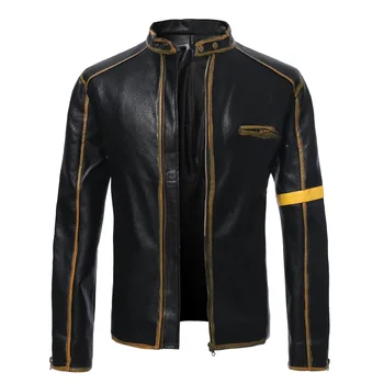 2023 Мужская кожаная куртка для мотоциклов Мужское молодежное пальто из кожи панк со стоячим воротником
