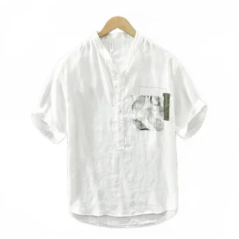 2023 Новая льняная футболка с коротким рукавом Мужская рубашка Хлопковый лен Мужская летняя тонкая мужская повседневная рубашка с половиной рукава Топ