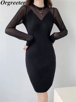 2023 Новая мода Трикотажное облегающее платье для женщин Сексуальная сетка пэчворк с длинным рукавом Свитер Мини-платье Женская осенняя одежда
