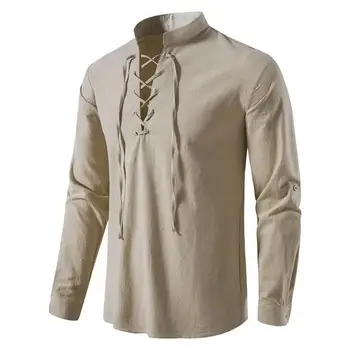 2023 Новая мужская повседневная блузка Хлопковая льняная рубашка Топы Футболка с длинным рукавом Весна Осень Наклонная планка Винтажные рубашки для йоги