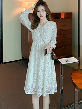 2023 Новое белое кружевное платье миди с крючком Цветок Осень-зима плюс бархатное теплое платье Женщины Корейское элегантное облегающее платье для вечеринки