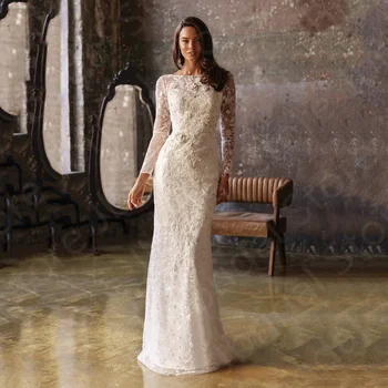 2023 Новые изысканные кружевные свадебные платья русалка с длинными рукавами невеста с круглым вырезом свадебные платья сзади 3D цветы