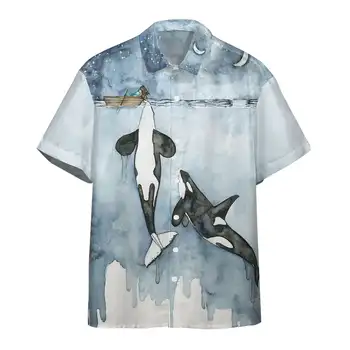 2024 Новые мужские рубашки с коротким рукавом Глубоководные гигантские принты Гавайские мужские топы с коротким рукавом и лацканом Модные мужские ширы большого размера