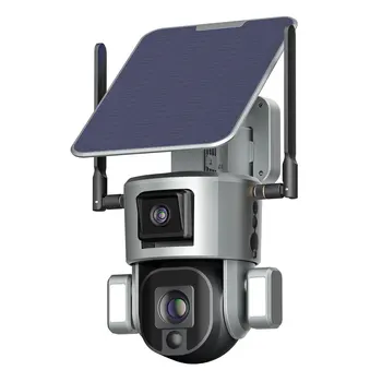4 Мп + 4 Мп HD Двойной объектив 4X 10X Солнечная камера Wi-Fi / 4G Наблюдение Беспроводная наружная батарея Прожектор PTZ RIR Cam CCTV Long Standby