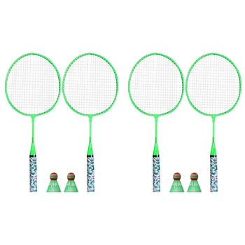 4X Ракетки для бадминтона для детей,Воланы Ракетка Спортивный набор с 4 мячами для игроков Крытый Открытый Спорт Зеленый
