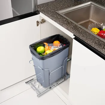 BENTISM Одинарный выдвижной контейнер для мусора Кухонное мусорное ведро 29 л с ручкой Серый