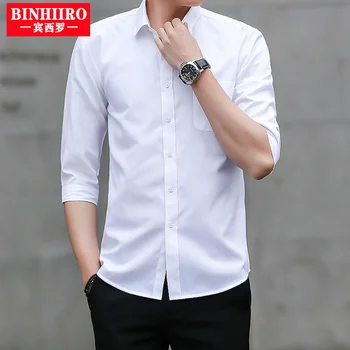 BINHIIRO Мужское повседневное платье Рубашка с седьмым рукавом Лето Мужчины Тонкая Классическая Белая Рубашка Обычного кроя Мужские социальные деловые рубашки