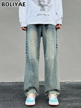 Boliyae Рваные мешковатые джинсы Мужские винтажные джинсовые брюки Y2k Уличная одежда с широкими штанинами Мужские хип-хоп Выстиранные свободные прямые брюки Весна