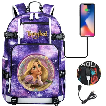 Disney Tangled Rapunzel Princess Школьный рюкзак Женщины Мужчины Ноутбук Дорожная сумка Большой водонепроницаемый USB-зарядный рюкзак Mochila