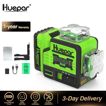 Huepar 2 x 360 Cross Line Лазерный нивелир Самовыравнивающиеся инструменты для нивелирования Green Beams с Bluetooth и пультом дистанционного управления и жестким футляром для переноски