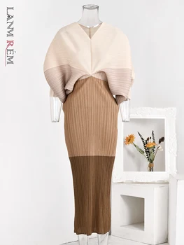 LANMREM Пэчворк Плиссированное платье для женщин V-образный вырез Batwing Рукава Контрастный цвет Элегантные платья Модная одежда 2024 2YAa2698