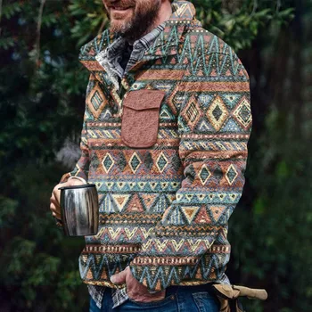 Man Western Ethnic Sweatshirts Зимний флисовый меховой пуловер Мужской джемпер с длинным рукавом Твердая зимняя теплая верхняя одежда Толстовка Куртка
