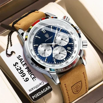 POEDAGAR Высококачественные кварцевые часы с хронографом для мужчин Кожаные водонепроницаемые светящиеся часы Мужские часы Топ бренд Роскошные часы