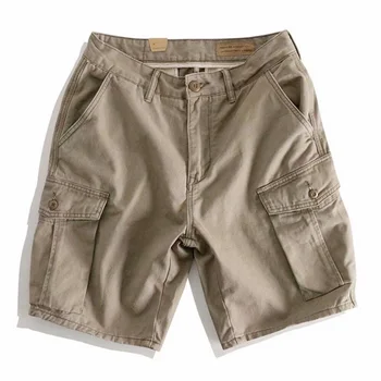 Summer Новые американские ретро Тканые саржевые шорты с несколькими карманами Мужская мода 100% хлопок Выстиранные прямые повседневные брюки 5-точечные