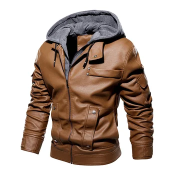US Размер S-XXXL PU Кожаная куртка Мужчины Moto&biker Искусственное пальто Флис Теплая ветровка с капюшоном Модная верхняя одежда