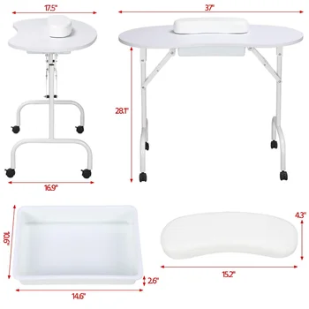 Yaheetech 37-дюймовый складной маникюрный стол для ногтей настольная рабочая станция с чехлом для переноски / колесами для спа-салона красоты и набора стульев белый