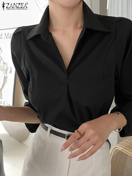 ZANZEA Элегантные официальные женские топы Blusas Женская рубашка с длинным рукавом Повседневная блузка с отложным воротником Свободная блузка с плотной талией 2023 Осень