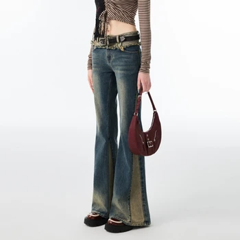 американские винтажные женские брюки контрастного цвета синие джинсы-клеш 2023 Модные уличные брюки с широкими штанинами в стиле гранж