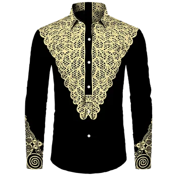 Африканский принт Дашики Мужские рубашки с отложным воротником Рубашки на пуговицах Повседневные топы с длинным рукавом Одежда Этнический стиль Уличная одежда Рубашка