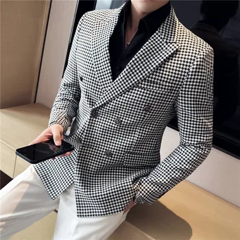 Британский стиль двубортный модный пиджак Houndstooth Blazer Куртки для мужской одежды 2024 Деловая формальная одежда Повседневные костюмные пальто