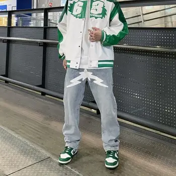 Брюки Y2K, джинсы с принтом Harajuku Star Pattern, повседневный хип-хоп с прямой трубой, брюки Youth Street Trend Essential Wear Item