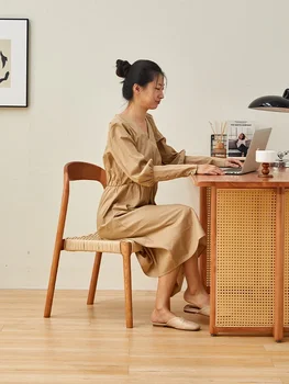Бытовые обеденные стулья из массива дерева, скандинавские дизайнерские креативные стулья для отдыха с веревочным плетением, японская простая принимающая семья новая спинка