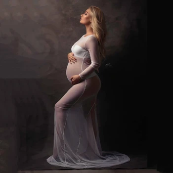  Видеть сквозь эластичную сетку Материнство Фотосессия Платье Лодочка Шея Полный рукав Тощий Беременная женщина Сетчатое длинное платье
