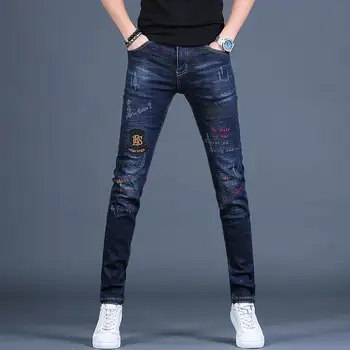 Высококачественные мужские синие джинсовые брюки, классические джинсы с вышивкой, приталенные повседневные джинсы корейской версии, джинсы уличной моды.
