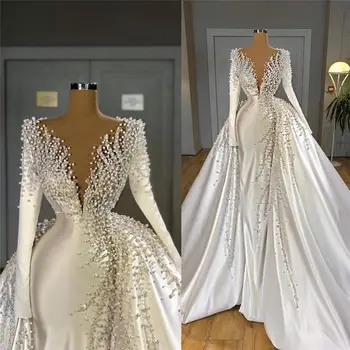  Глубокий V-образный вырез С длинным рукавом Свадебное платье из бисера Саудовская Аравия Свадебное платье со съемным