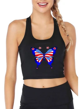 День независимости Американский флаг Бабочка Дизайн Майки Американский патриотический Мемориальный Стиль Сексуальный Укороченный Топ Хлопок Спортивный Камзол
