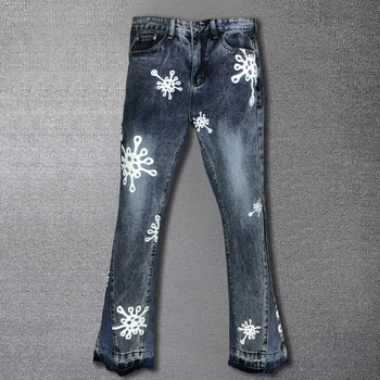 Европейские мужские джинсы с принтом пэчворк эластичные расклешенные джинсы 2024 Мужские весенние синие джинсы Hombre Хип-хоп джинсы Панк Тренды Мужские брюки
