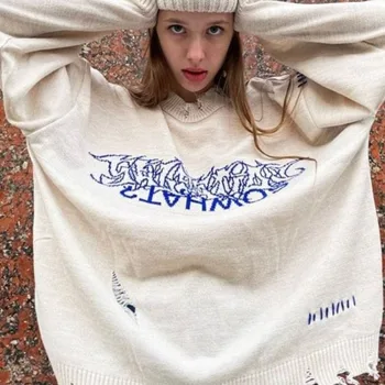 Женская вышивка писем Перфорированный контрастный пуловер с длинным рукавом O-образным вырезом Свитер Осенняя мода Свободная одежда оверсайз с кисточками