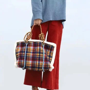 Женская сумка Осень-зима Дизайнерская шерстяная винтажная плед повседневная сумка-тоут сумки через плечо сумки сумки на молнии SOFT Женская сумка высокой емкости