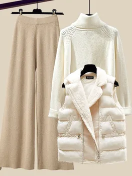  Зимние теплые утолщенные наборы из трех частей для женского наряда Офисные женские элегантные водолазки Вязаный свитер + шерстяной жилет + брюки
