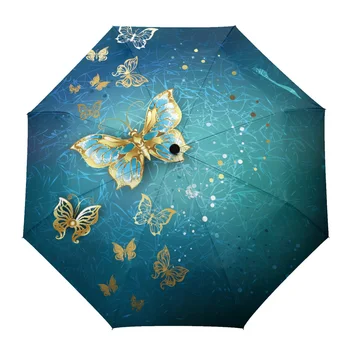 Золотая бабочка Красивый Цветок Искусство Творческий Зонтик Дождь Женщины Руководство Три Складных Зонта Ветрозащитный Зонтик Зонтик