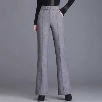 корейские простые женские шерстяные брюки осень-зима утолщенные твердые карманы офисные леди модные прямые брюки с высокой талией Z776