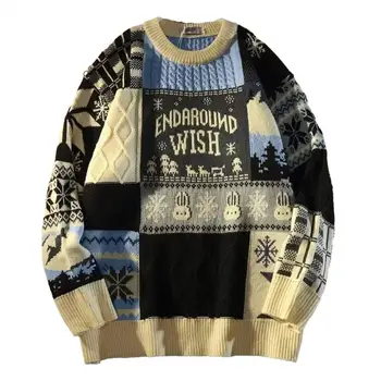  Легкий свитер с длинным рукавом Ретро Принт снежинки Трикотаж Свободный пуловер Свитер для мужчин Осень-зима Мода с длинными