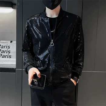 Летние куртки для мужчин Корейская роскошная одежда Большой размер Мода Пайетки Певец Бомбер Куртка Slim Fit Повседневный костюм Пальто Черный