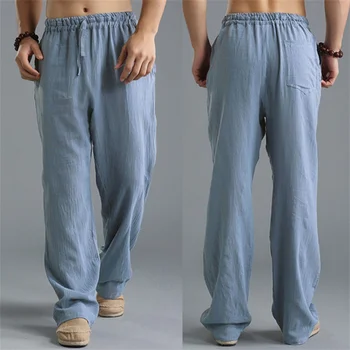 летние мужские однотонные льняные прямые повседневные брюки с несколькими карманами плюс большие размерные дышащие удобные свободные брюки на шнурке