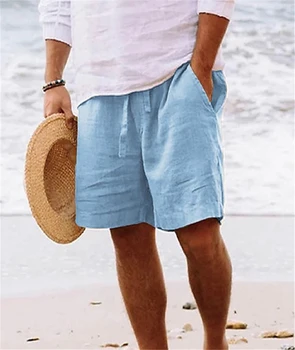 Летние пляжные шорты для мужчин Свободные повседневные хлопковые льняные короткие брюки Однотонные тонкие дышащие кулиски Льняные повседневные шорты