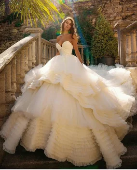 Многоярусные юбки Бальное платье Свадебное платье Принцесса с глубоким вырезом Платье на день рождения Тюль Кружевные аппликации Свадебные халаты Vestidos