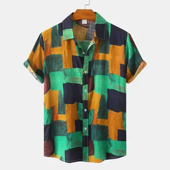 Мода Крутая Клетка Мужские рубашки 3d Печать Негабаритная уличная пляжная гавайская рубашка Лацкан Топ Футболка с короткими рукавами Рубашки Мужская одежда