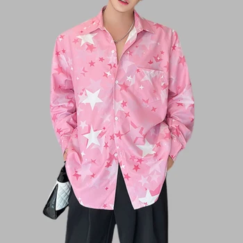 Мода Мужская рубашка с принтом Звезда Свободные Camisas Лацкан Длинный рукав Уличная одежда Корейский стиль Универсальные повседневные рубашки унисекс