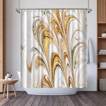 мраморная золотая занавеска для душа с крючками, 3D-печать, водонепроницаемый, абстрактный, геометрический, декор ванной комнаты, занавеска для ванны