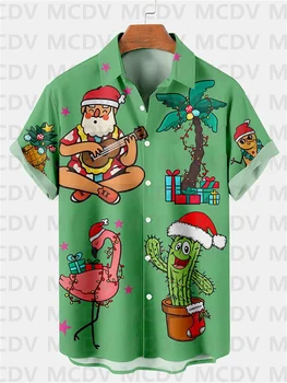Мужская рождественская мода Повседневная рубашка с принтом кактуса Санта-Клауса Повседневная рубашка на пуговицах Мужская гавайская рубашка