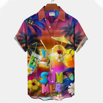 Мужская рубашка Гавайское пиво С коротким рукавом Печатная мужская одежда Уличная рубашка Harajuku для мужчин Винтажные хип-хоп Лацканы Пуговицы Топы