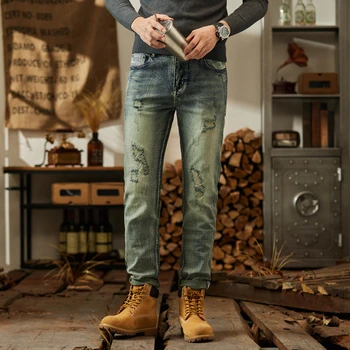 Мужские винтажные рваные разрушенные состаренные модные тонкие эластичные джинсы больших размеров