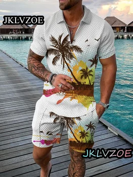 Новая летняя мужская рубашка-поло в гавайском стиле, комплект мужских шорт-рубашек, напечатанный на 3D-принтере, нижний воротник, молния, уличная пляжная одежда, состоящая из двух частей