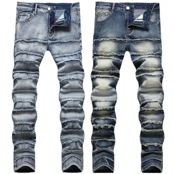 Новая мода Хип-хоп High Street Потертые эластичные джинсы Маленькая нога Rock Slim Fit Индивидуальность Мужские брюки с прямым рукавом